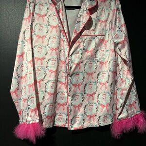 Pink Santa Pajama Top with matching pants Feather Cuffs only wore once